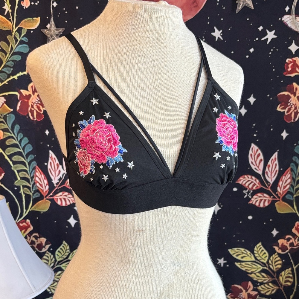 PINK Victoria's Secret Black Bralette with Pink Floral Embroidery